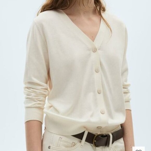 Mango Silk-Blend Ribbed Cardigan Ecru | Size L | Flawed - Picture 1 of 13